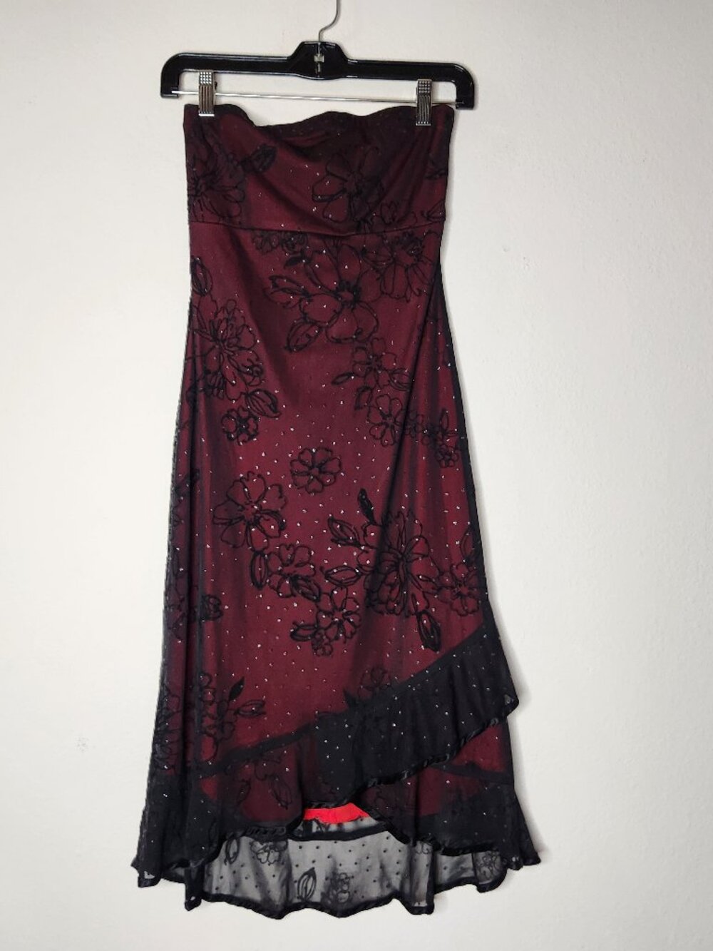 Y2K My Michelle Womens Medium Red Black Tiered Prom Dress Floral Lace